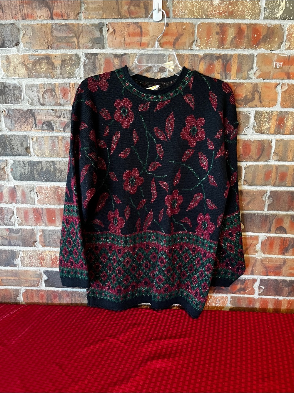 Vintage 80s Holiday Time Red Green Floral Black Sweater Grandma Core Women’s S